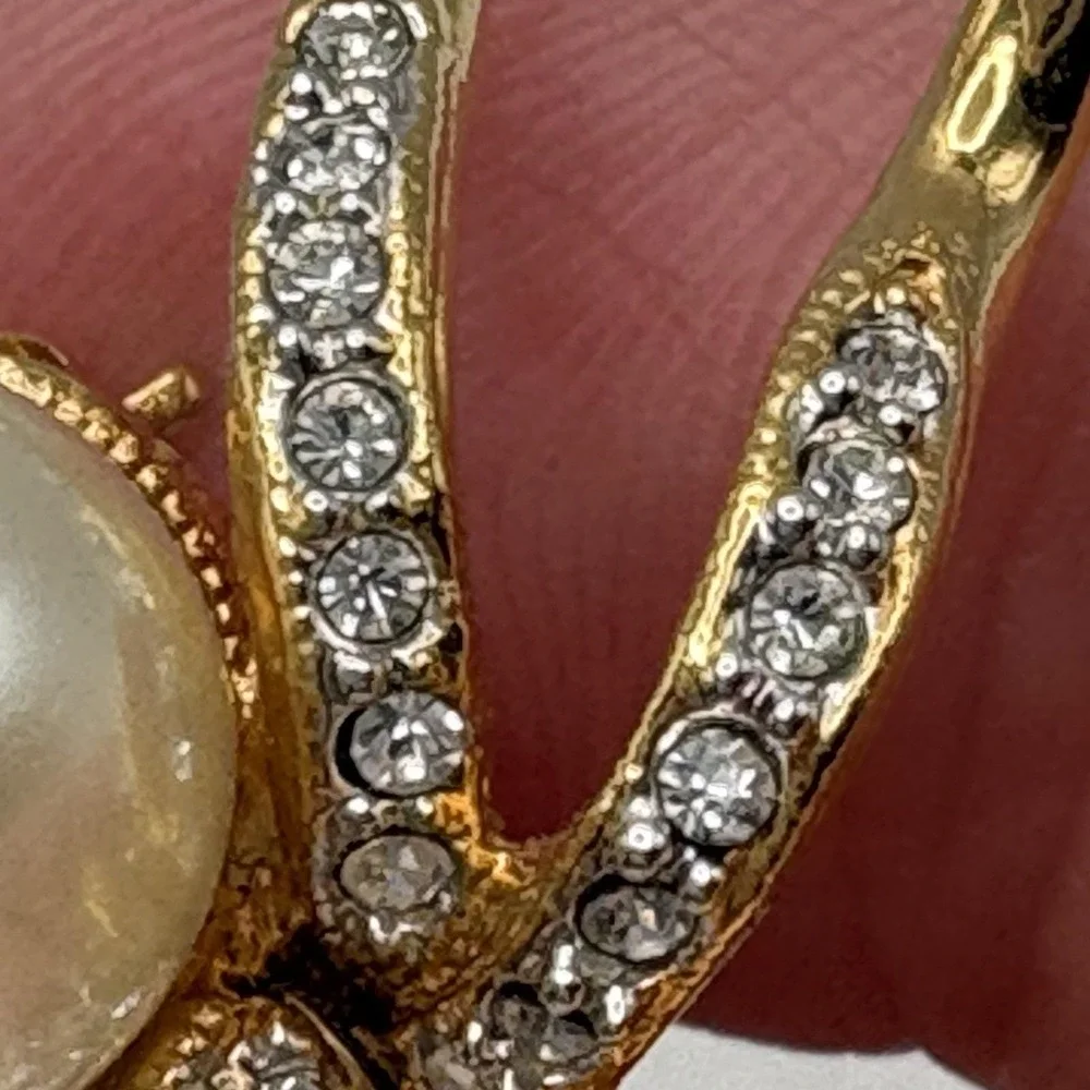 Vintage Swarovski Spider Brooch Pin Gold Tone Faux Pearl 22K Gold Plated